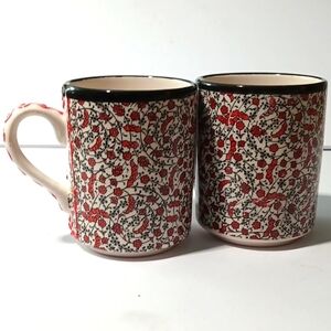 Vintage Turkish Hand Painted Red and Black Ceramic Mugs